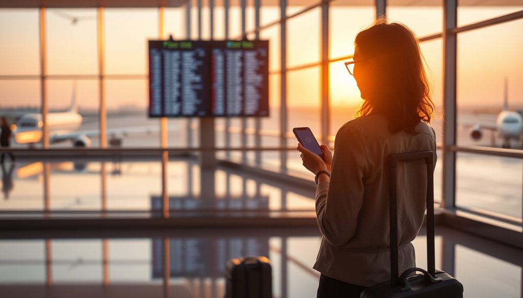 Golden‑hour airport view showing confident traveler planning flexible trip options