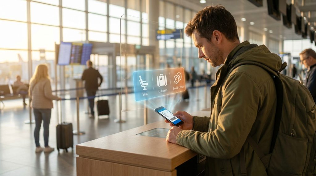 Calm airport scene showing traveler understanding hidden airline fees before boarding