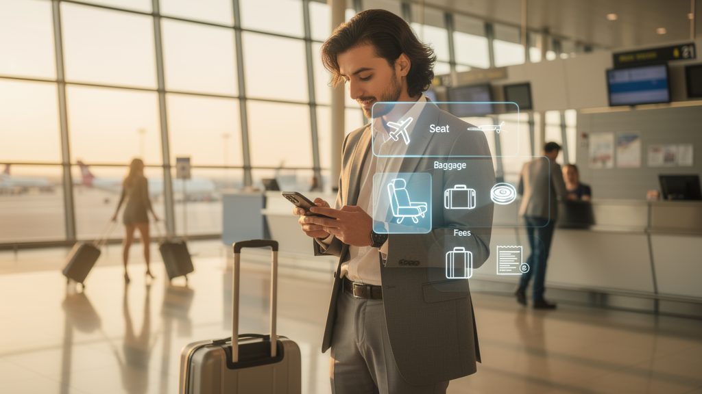 Modern terminal with traveler confidently checking flight costs on phone