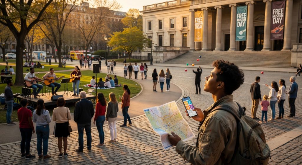Traveler discovering free local events in a warm, welcoming urban setting