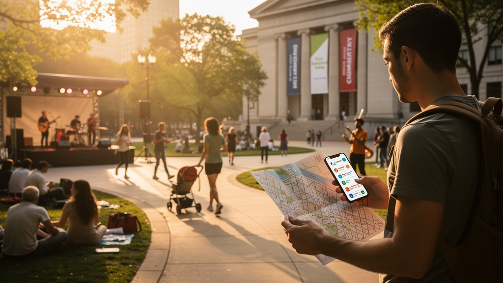 Golden‑hour city moment with street performers, parks, and cultural spaces