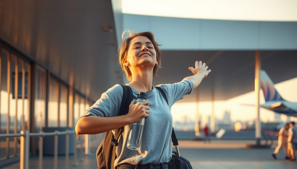 Traveler standing in warm sunlight outside an airport, rehydrating and resetting after a long flight