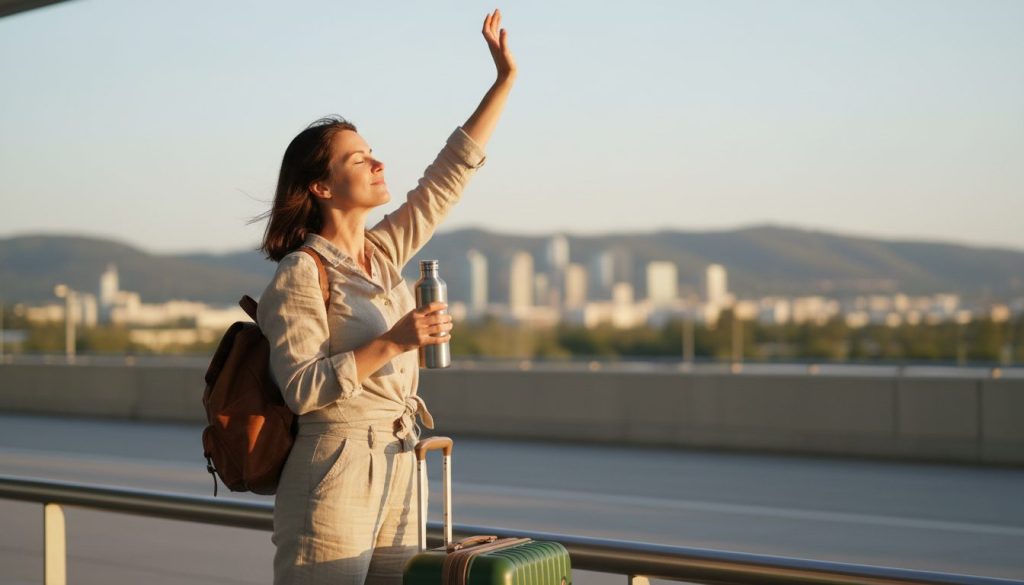 Peaceful airport arrival scene showing a traveler breathing deeply and recovering energy