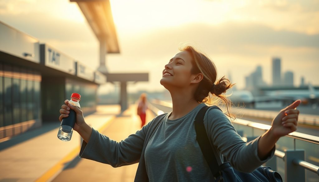 Calm post‑flight moment with a traveler stretching in golden hour light