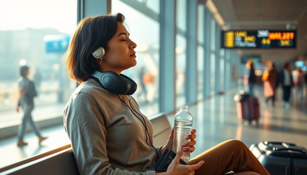 Person practicing a breathing pause on a bench in a busy transit hub, soft morning light and blurred travelers in the background