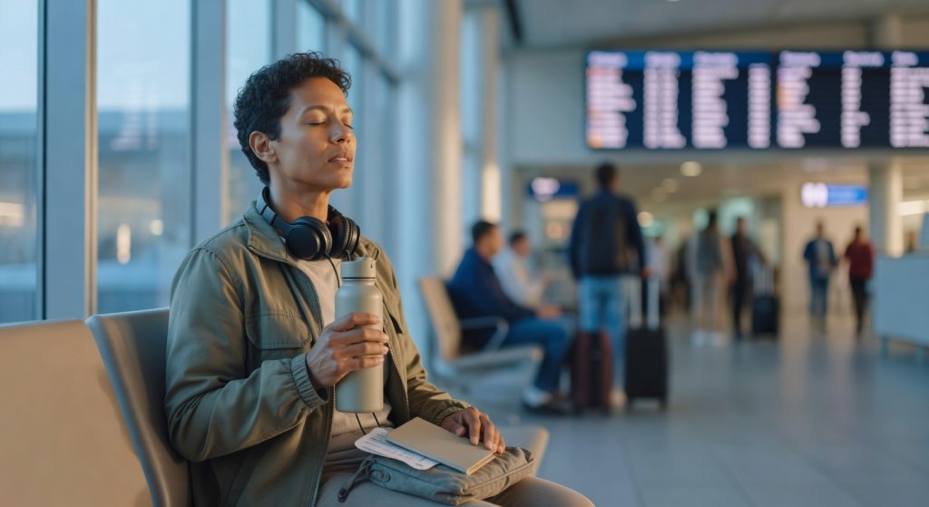 Candid photo of a traveler taking a moment of calm during a hectic travel day, negative space on the right for headline