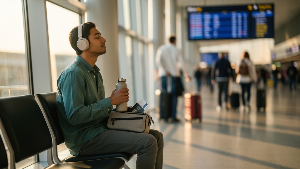 Mid‑shot of a relaxed traveler in an airport, shallow depth of field, neutral colors, and unbranded travel items visible