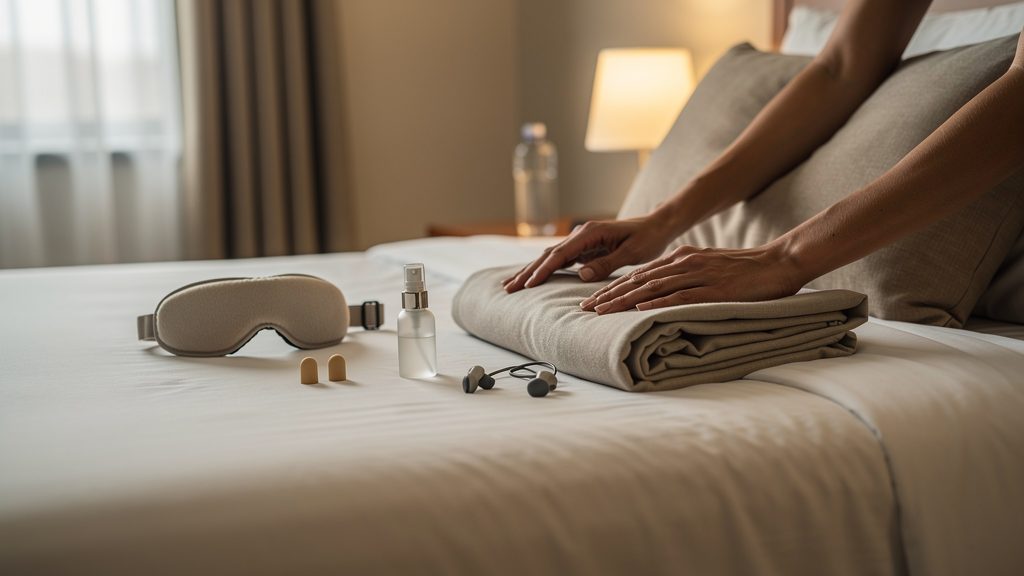 Sleep essentials neatly organized on a bed to create a peaceful rest setup while traveling