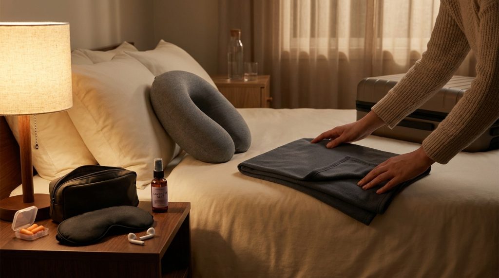 Cozy nighttime scene with a travel pillow, eye mask, and soft lighting for better hotel sleep