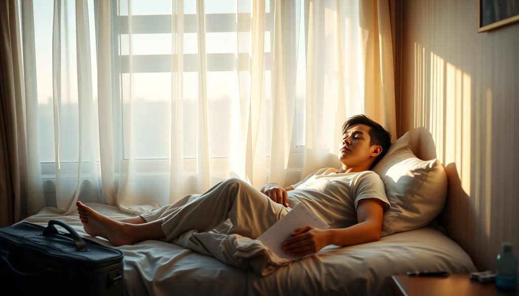 Calm morning light over a hotel bed symbolizing travel recovery