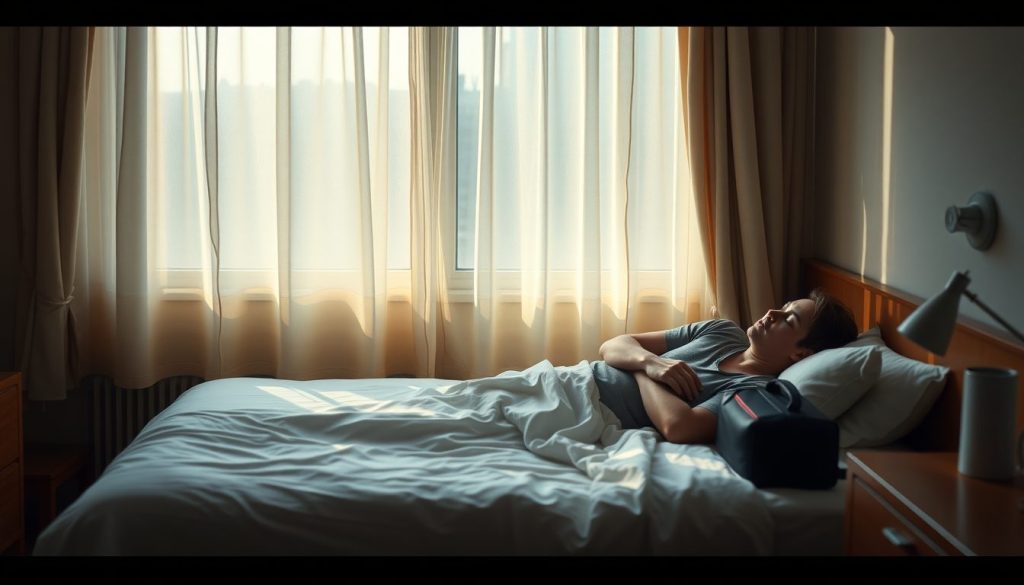 Peaceful sleep scene showing traveler adapting to new surroundings